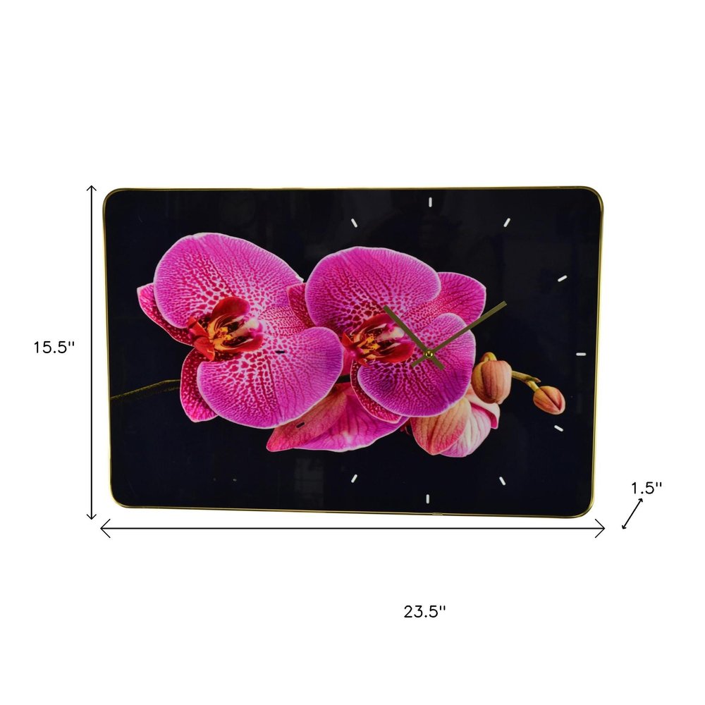 24" Pink Black And Gold Solid Wood and Acrylic Silent Orchids Floral Wall Clock