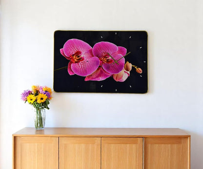 24" Pink Black And Gold Solid Wood and Acrylic Silent Orchids Floral Wall Clock
