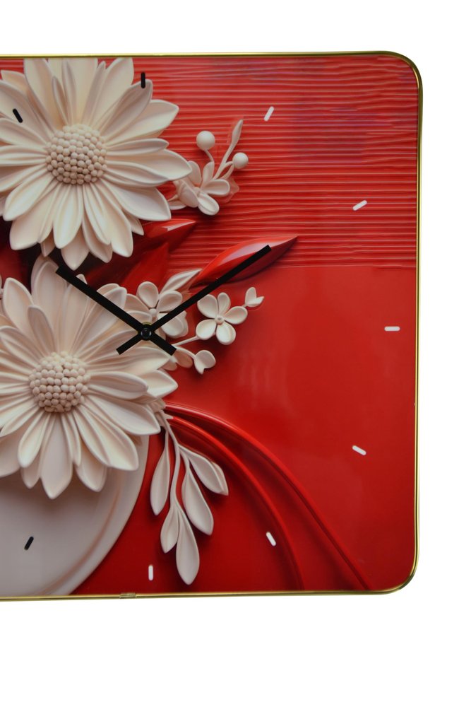 24" White Red And Black Solid Wood and Acrylic Silent Analog Floral Wall Clock