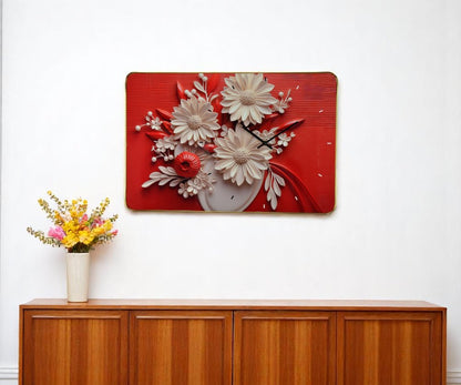 24" White Red And Black Solid Wood and Acrylic Silent Analog Floral Wall Clock