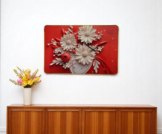 24" White Red And Black Solid Wood and Acrylic Silent Analog Floral Wall Clock