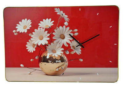 24" Gold Red And White Solid Wood and Acrylic Silent Daisies Floral Wall Clock