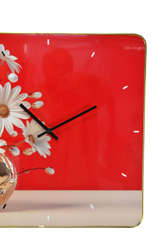 24" Gold Red And White Solid Wood and Acrylic Silent Daisies Floral Wall Clock
