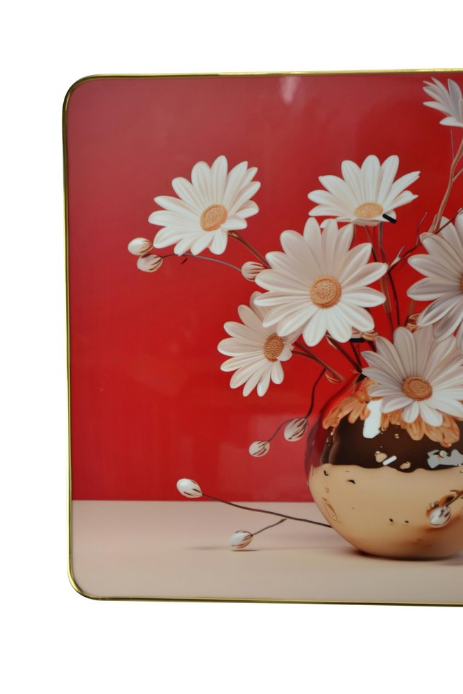 24" Gold Red And White Solid Wood and Acrylic Silent Daisies Floral Wall Clock