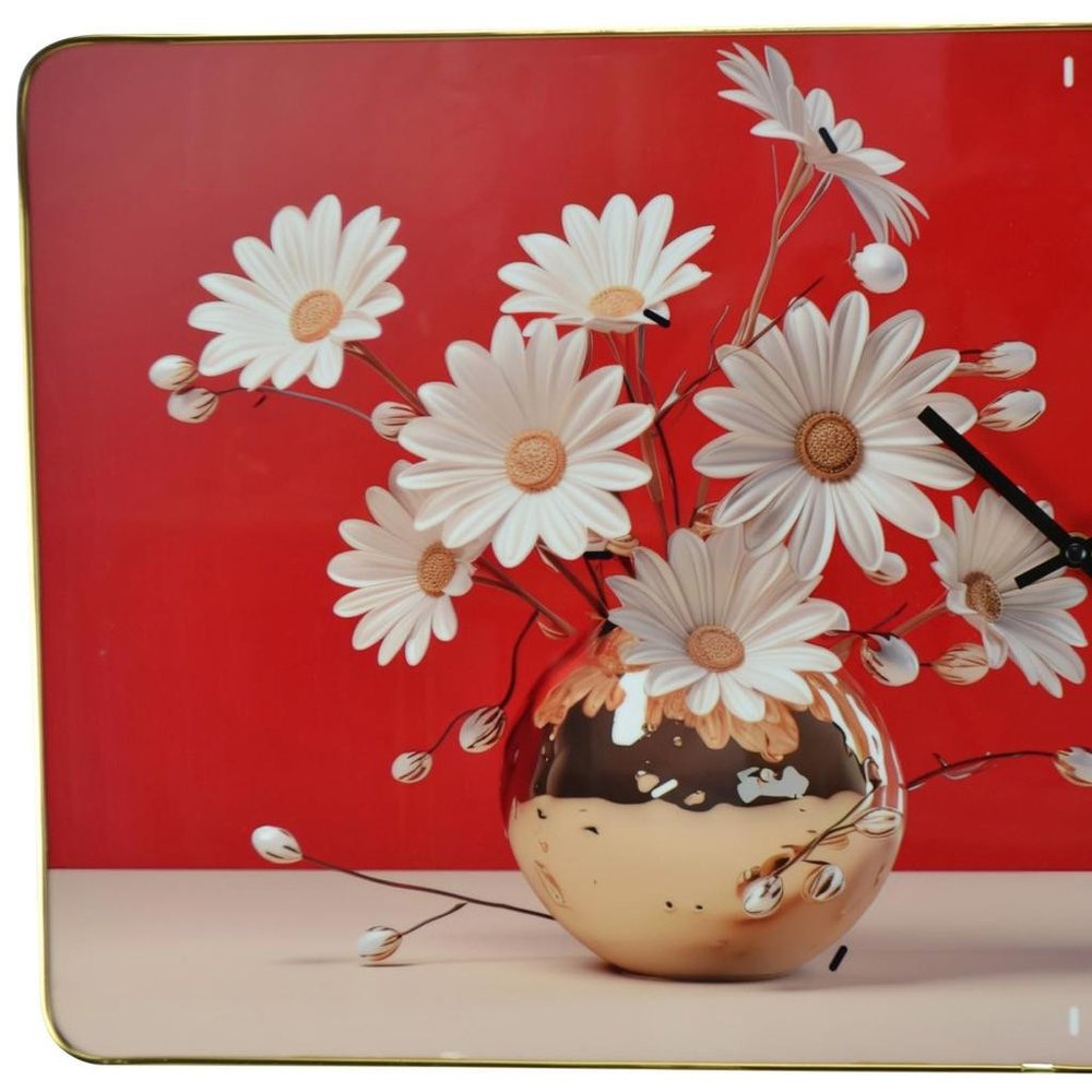 24" Gold Red And White Solid Wood and Acrylic Silent Daisies Floral Wall Clock