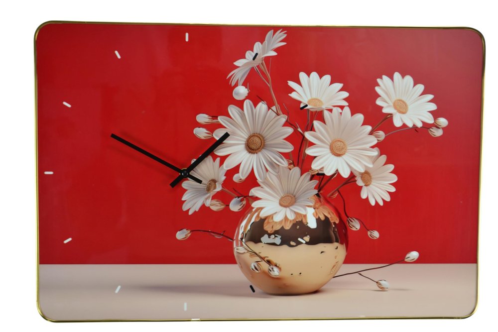 24" Gold Red And White Solid Wood and Acrylic Silent Daisies Floral Wall Clock