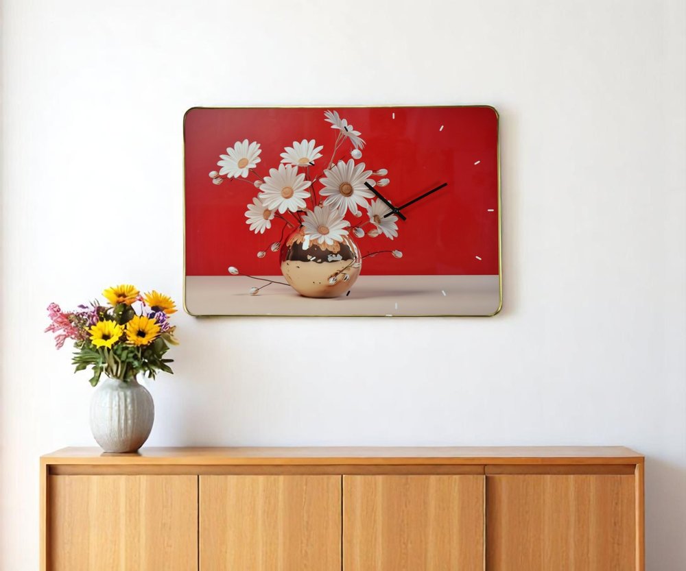 24" Gold Red And White Solid Wood and Acrylic Silent Daisies Floral Wall Clock