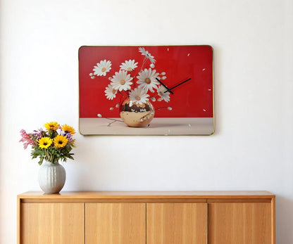 24" Gold Red And White Solid Wood and Acrylic Silent Daisies Floral Wall Clock