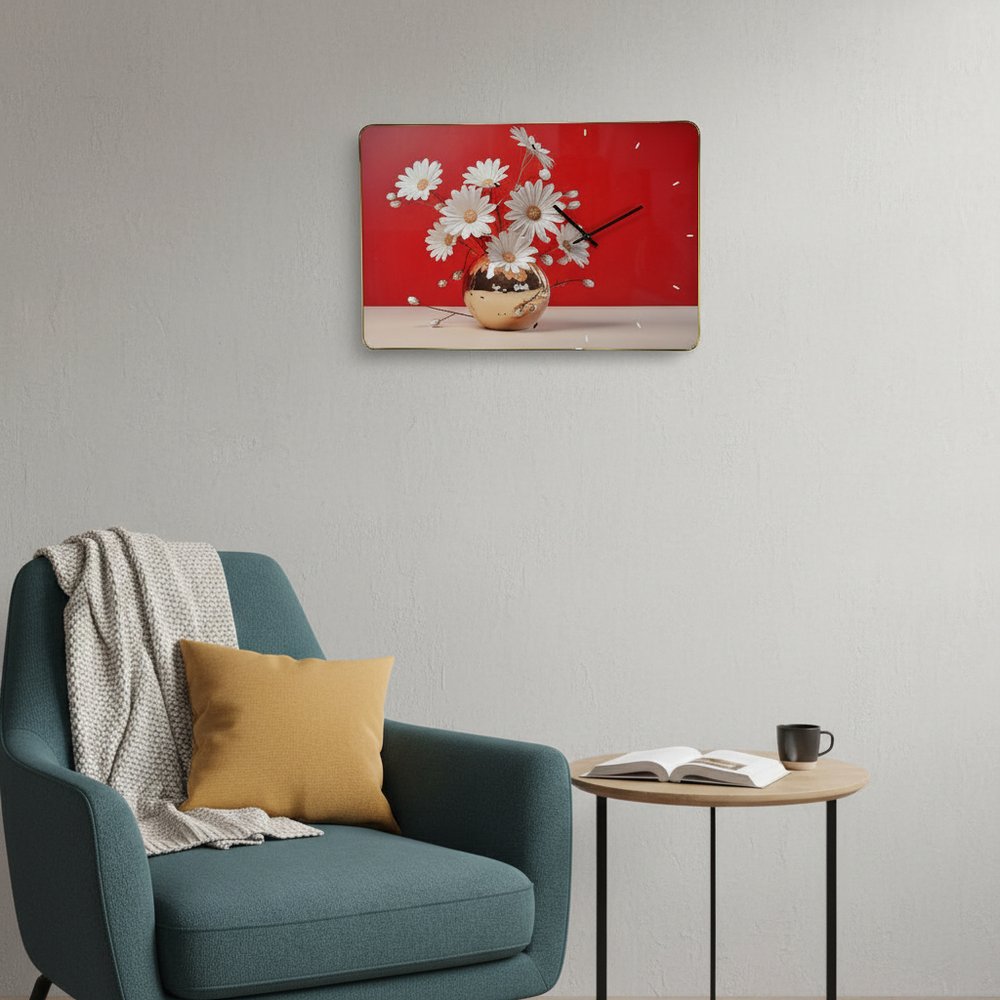 24" Gold Red And White Solid Wood and Acrylic Silent Daisies Floral Wall Clock