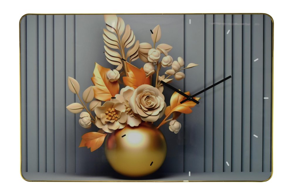 24" Beige Gold And Gray Solid Wood and Acrylic Silent Analog Floral Wall Clock