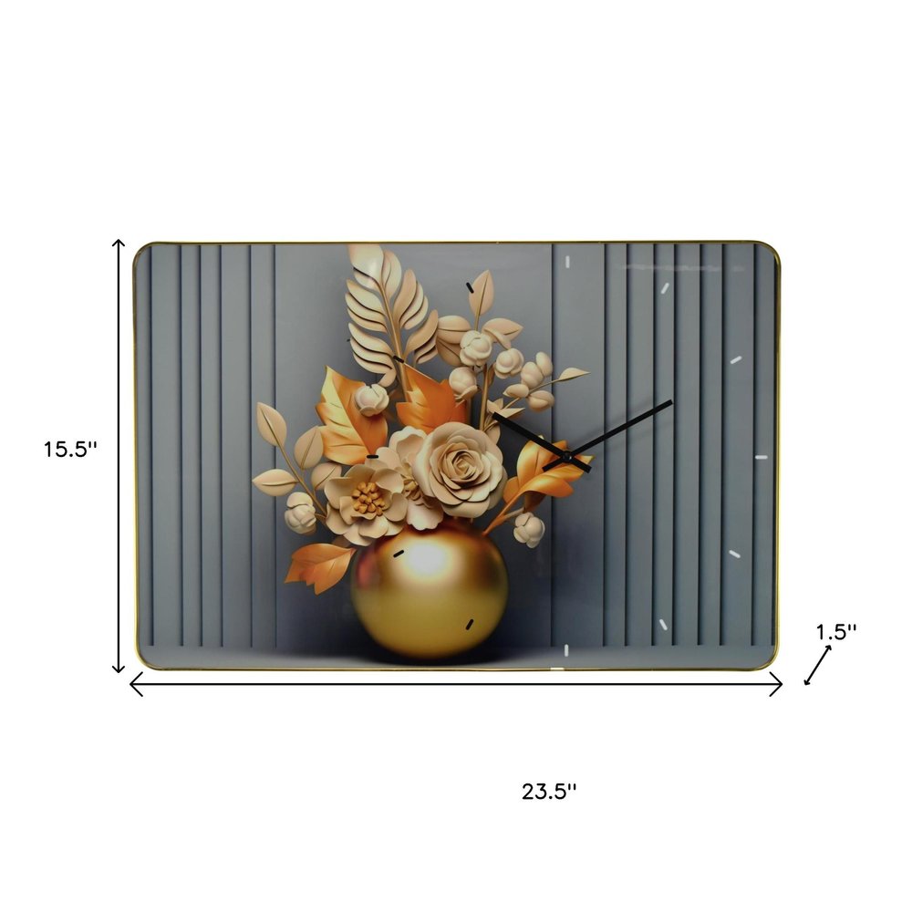 24" Beige Gold And Gray Solid Wood and Acrylic Silent Analog Floral Wall Clock