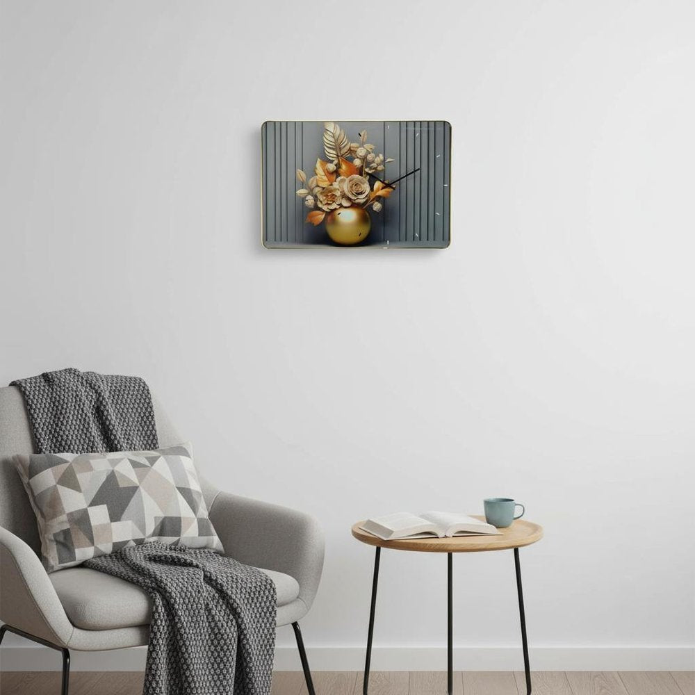 24" Beige Gold And Gray Solid Wood and Acrylic Silent Analog Floral Wall Clock