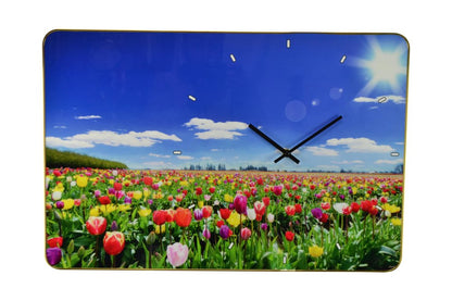 24" Blue Red And Gold Solid Wood and Acrylic Silent Tulips Floral Wall Clock