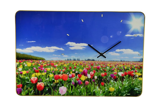 24" Blue Red And Gold Solid Wood and Acrylic Silent Tulips Floral Wall Clock