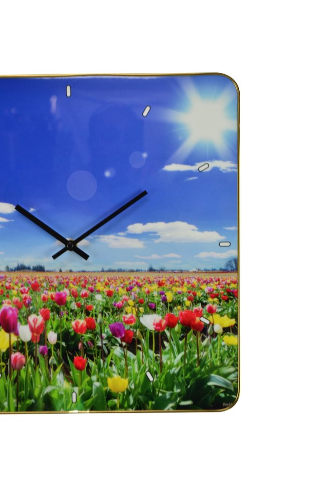 24" Blue Red And Gold Solid Wood and Acrylic Silent Tulips Floral Wall Clock