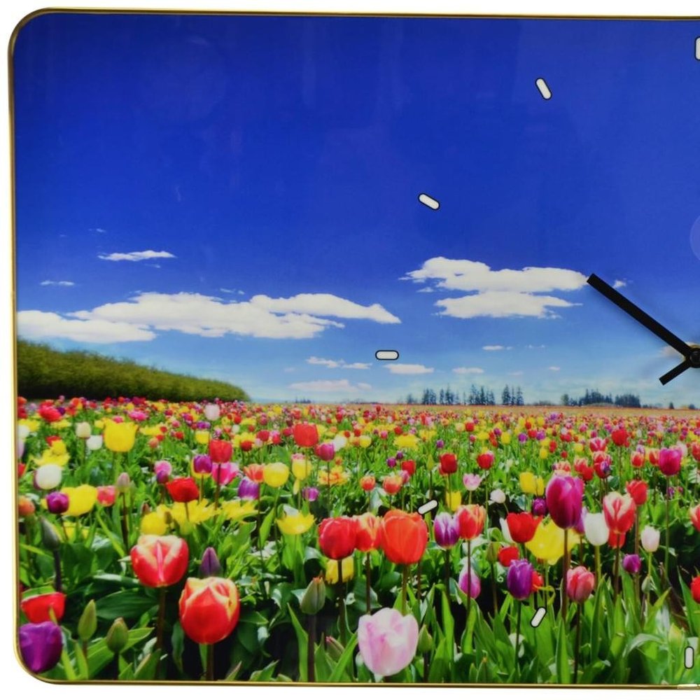 24" Blue Red And Gold Solid Wood and Acrylic Silent Tulips Floral Wall Clock