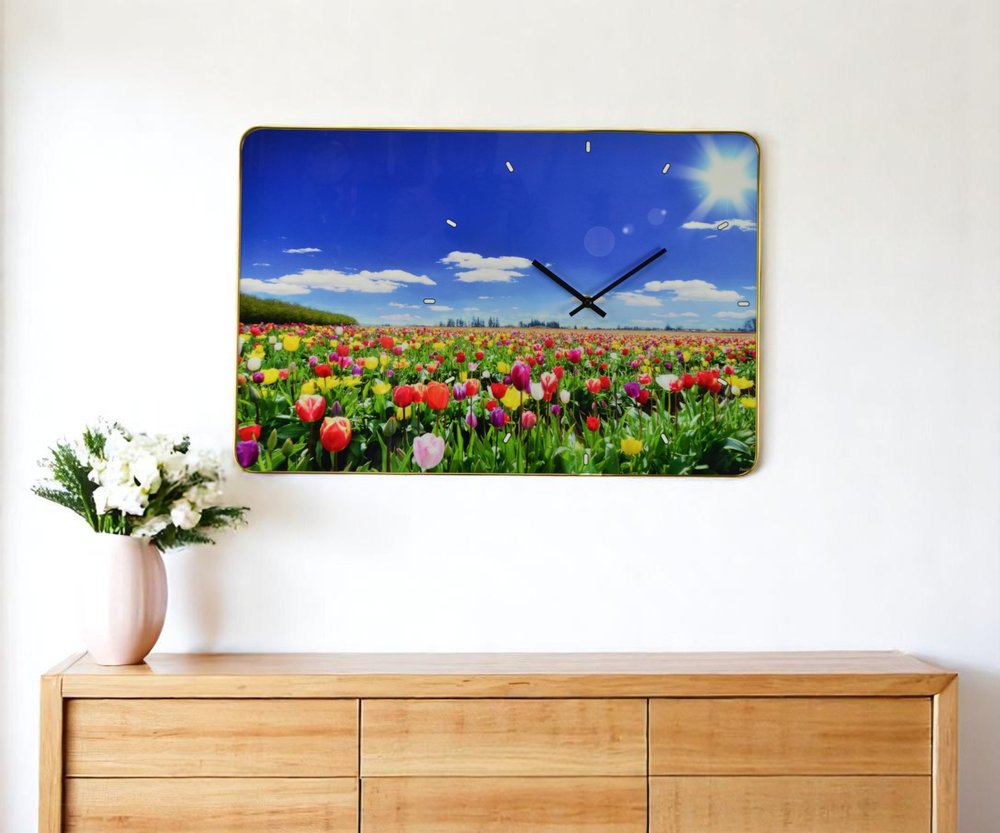 24" Blue Red And Gold Solid Wood and Acrylic Silent Tulips Floral Wall Clock