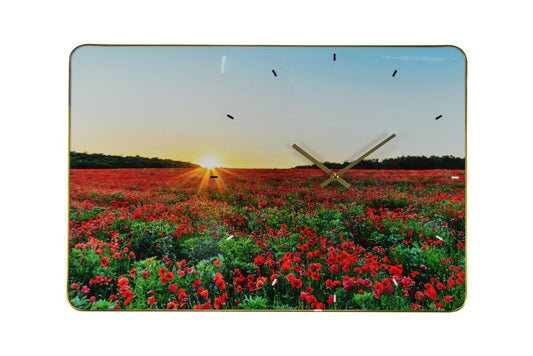 24" Red Blue And Gold Solid Wood and Acrylic Silent Poppies Floral Wall Clock