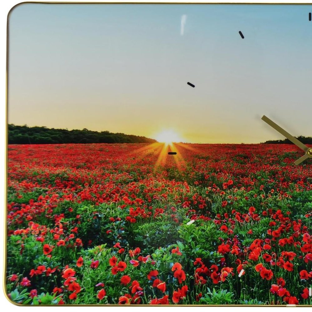 24" Red Blue And Gold Solid Wood and Acrylic Silent Poppies Floral Wall Clock