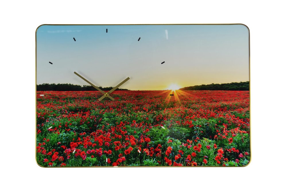 24" Red Blue And Gold Solid Wood and Acrylic Silent Poppies Floral Wall Clock