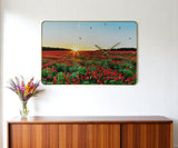 24" Red Blue And Gold Solid Wood and Acrylic Silent Poppies Floral Wall Clock