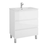 28" White Wood Freestanding Bathroom Vanity With White Sink And Three Drawers
