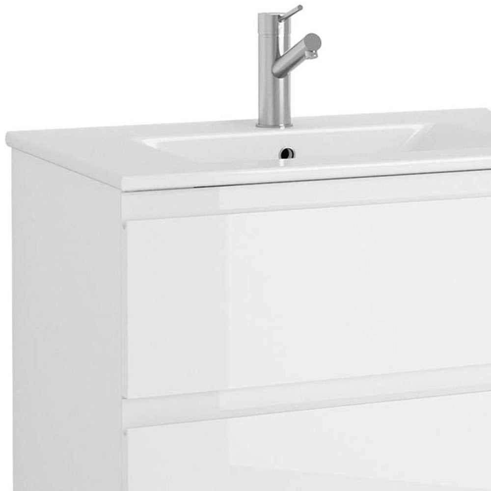 28" White Wood Freestanding Bathroom Vanity With White Sink And Three Drawers