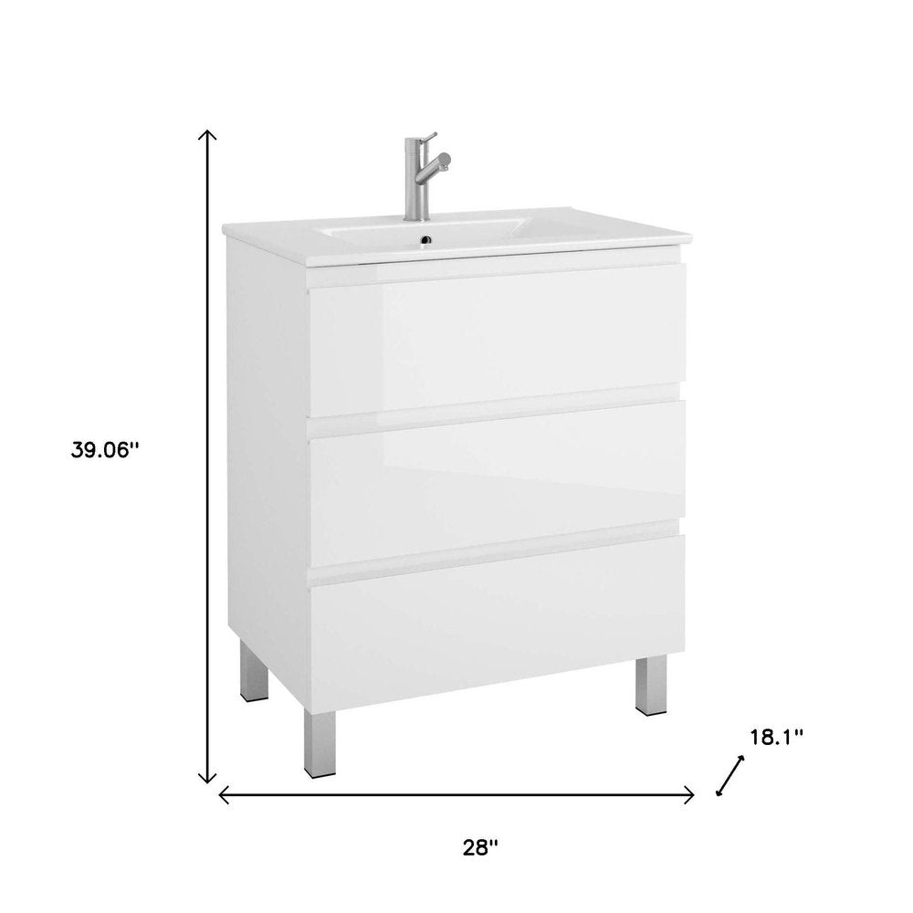 28" White Wood Freestanding Bathroom Vanity With White Sink And Three Drawers