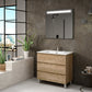 32" Oak Wood Freestanding Bathroom Vanity With White Sink And Three Drawers