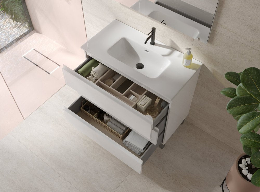 36" White Wood Freestanding Bathroom Vanity With White Sink And Three Drawers