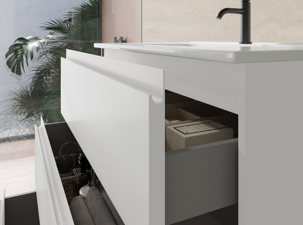 36" White Wood Freestanding Bathroom Vanity With White Sink And Three Drawers