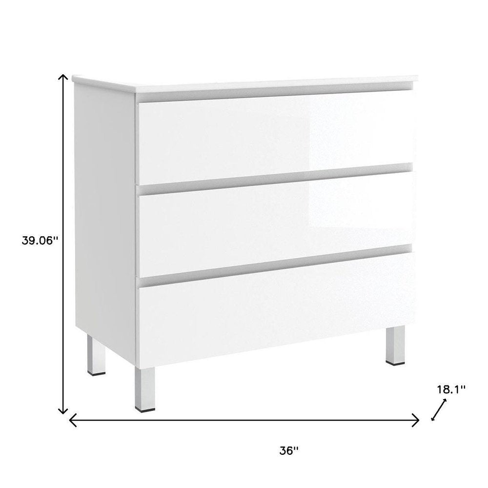 36" White Wood Freestanding Bathroom Vanity With White Sink And Three Drawers