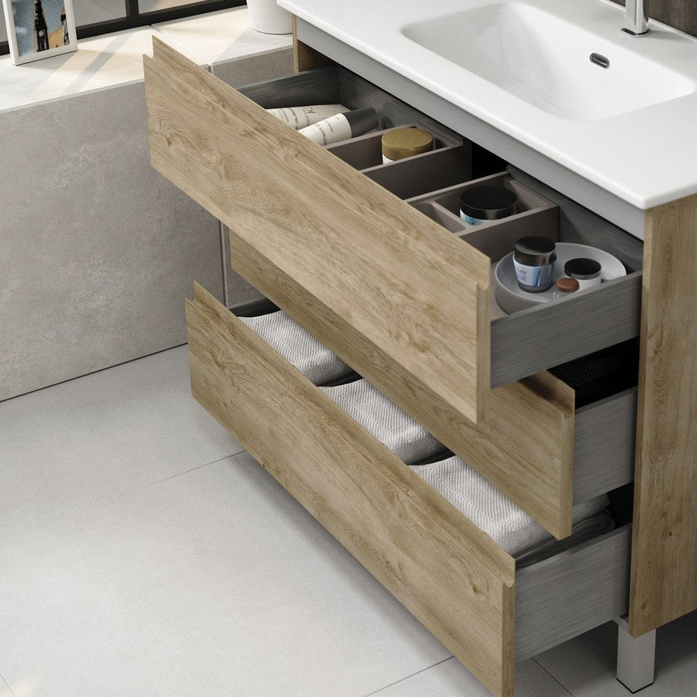 40" Oak Wood Freestanding Bathroom Vanity With White Sink And Three Drawers