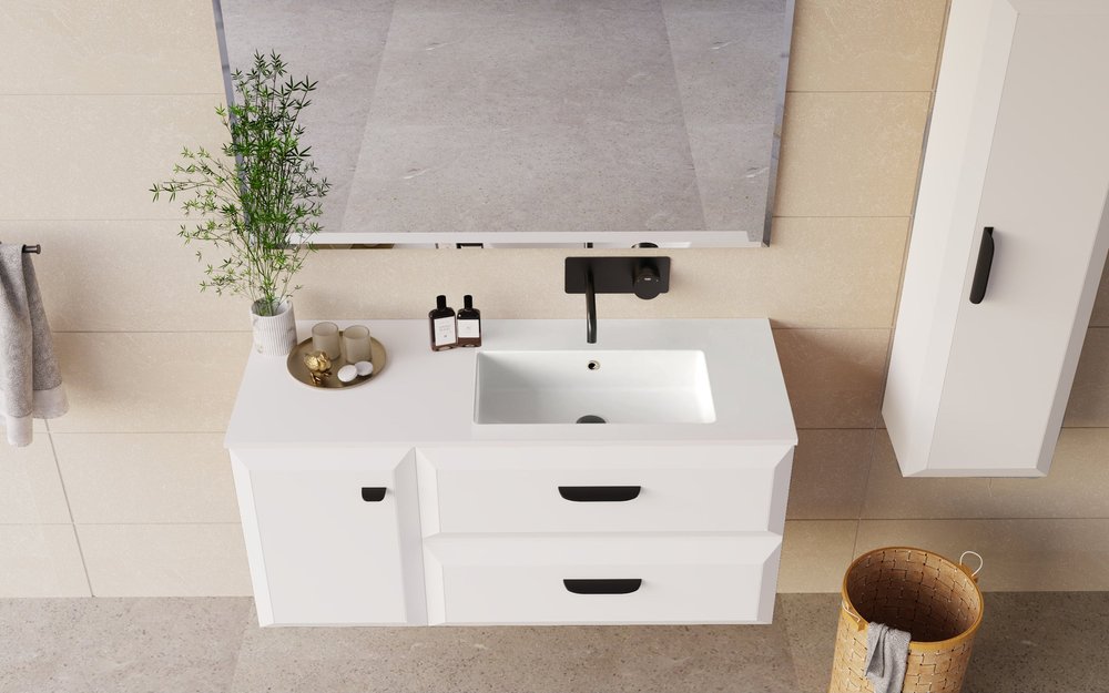 32" White Wood Freestanding Bathroom Vanity With White Sink And Two Drawers