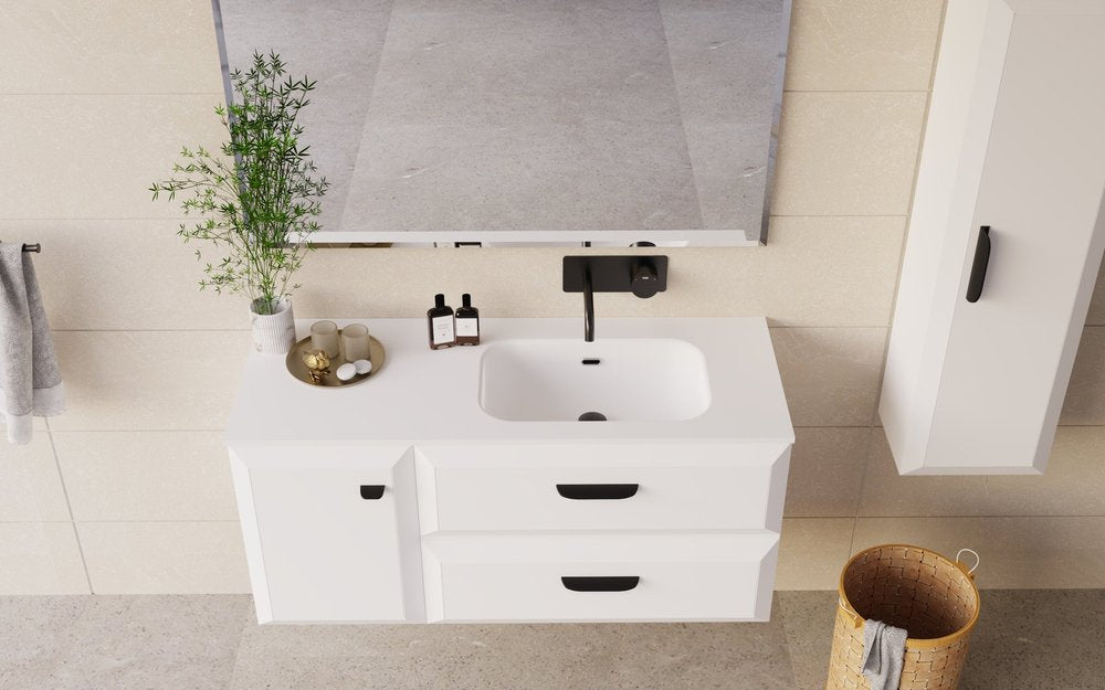 32" White Wood Freestanding Bathroom Vanity With White Sink And Two Drawers