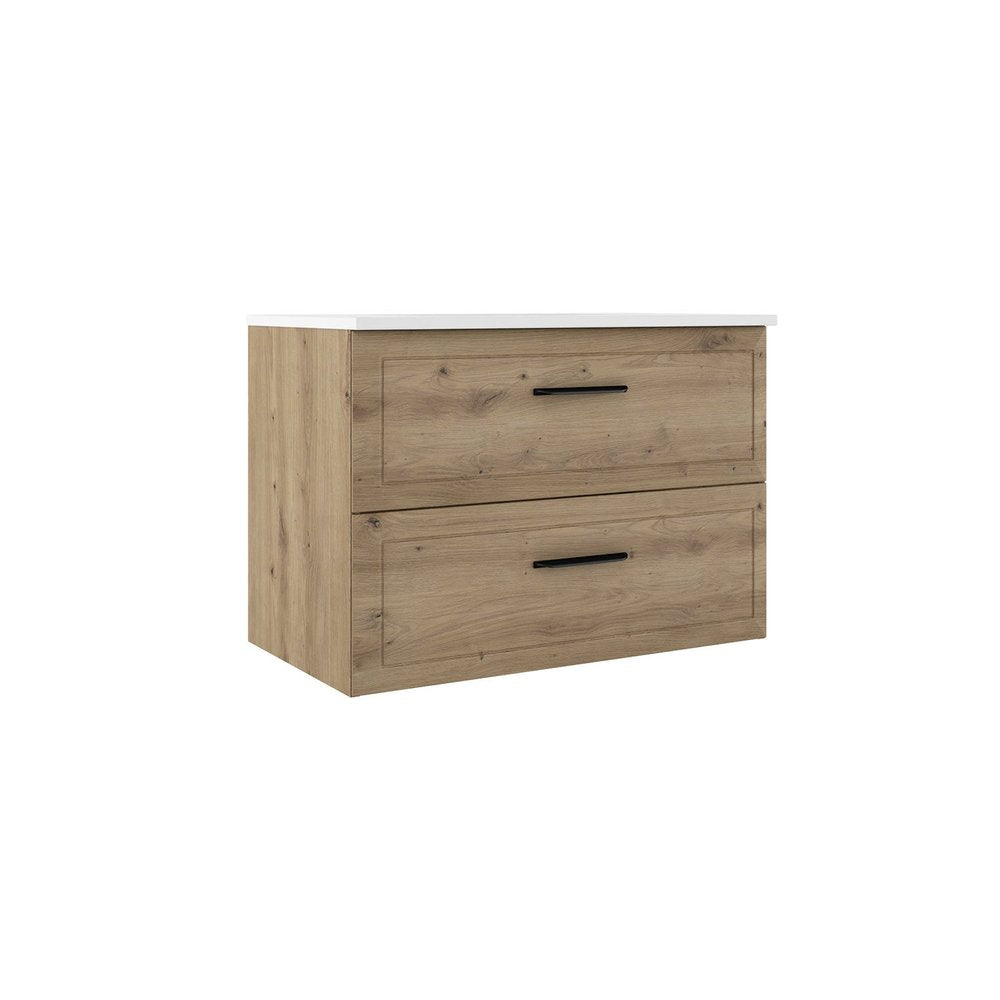 32" Natural Wood Freestanding Bathroom Vanity With White Sink And Two Drawers