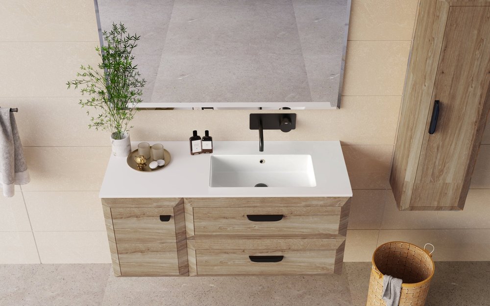 32" Natural Wood Freestanding Bathroom Vanity With White Sink And Two Drawers
