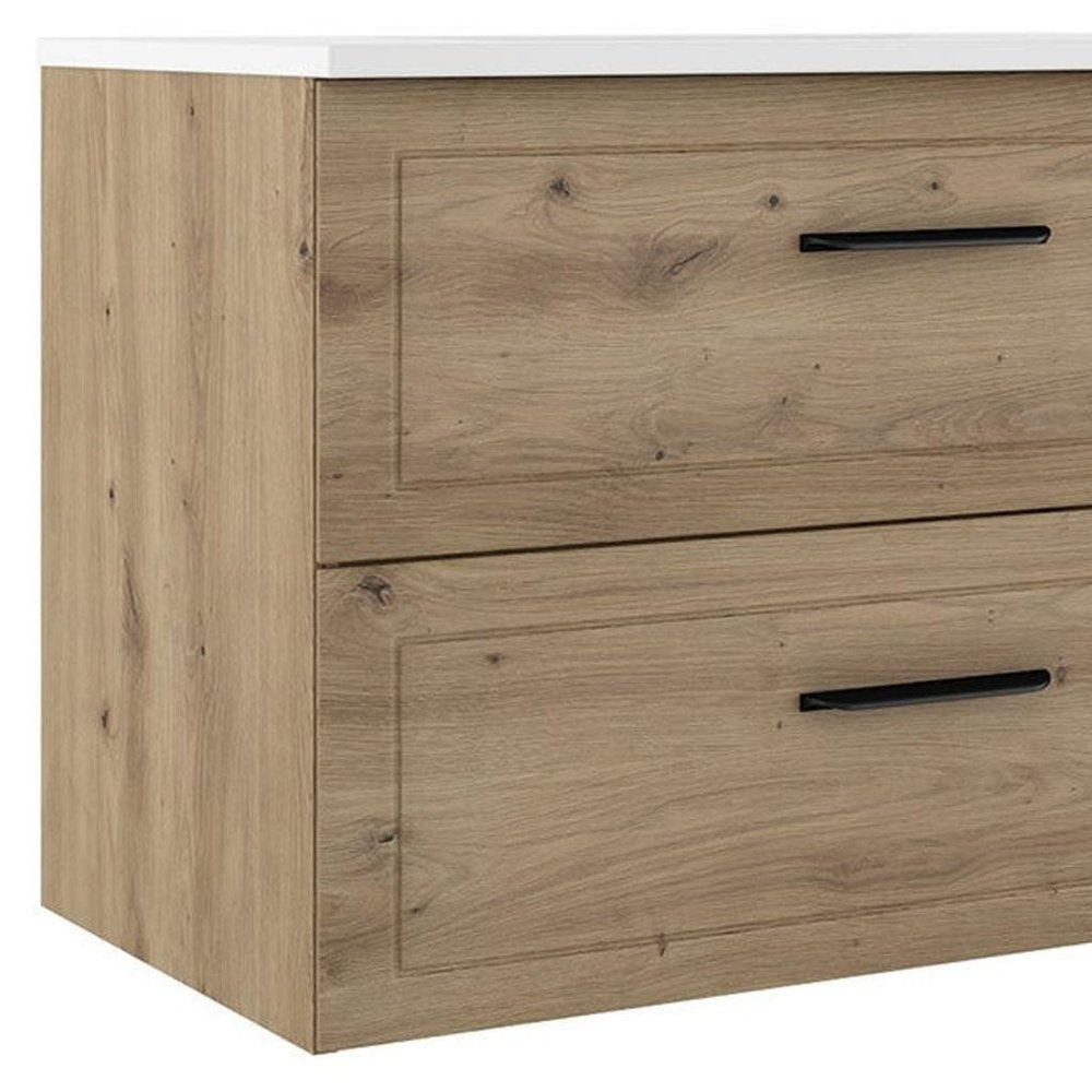 32" Natural Wood Freestanding Bathroom Vanity With White Sink And Two Drawers