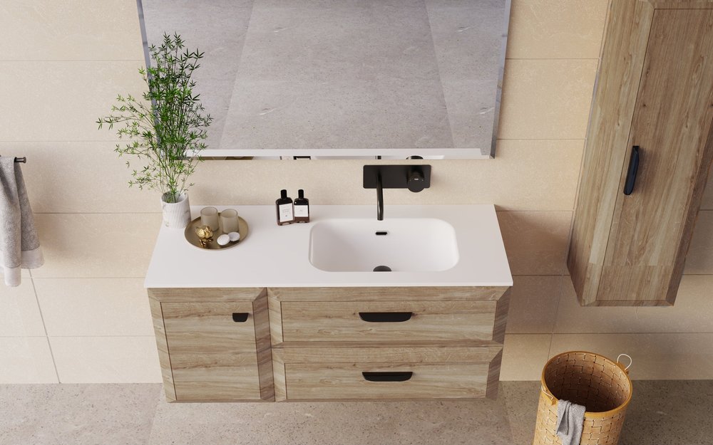 32" Natural Wood Freestanding Bathroom Vanity With White Sink And Two Drawers