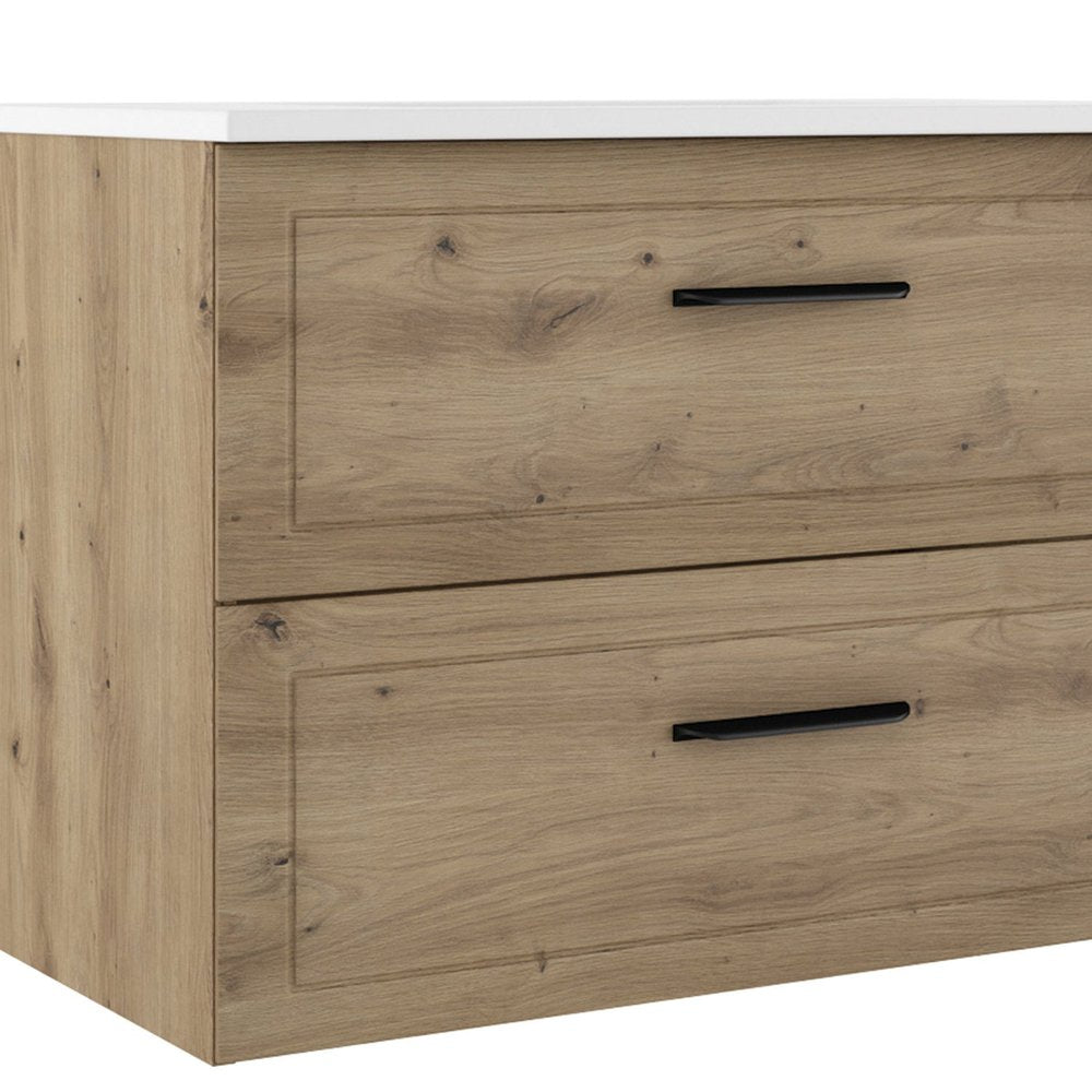 32" Natural Wood Freestanding Bathroom Vanity With White Sink And Two Drawers