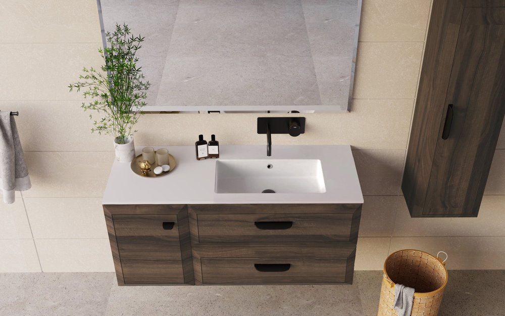 32" Dark Brown Wood Freestanding Bathroom Vanity With White Sink And Two Drawers