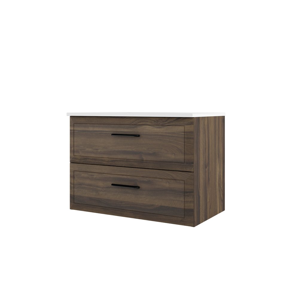 32" Dark Brown Wood Freestanding Bathroom Vanity With White Sink And Two Drawers