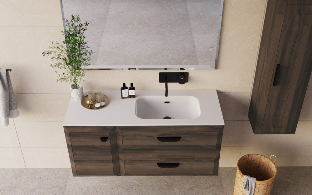 32" Dark Brown Wood Freestanding Bathroom Vanity With White Sink And Two Drawers