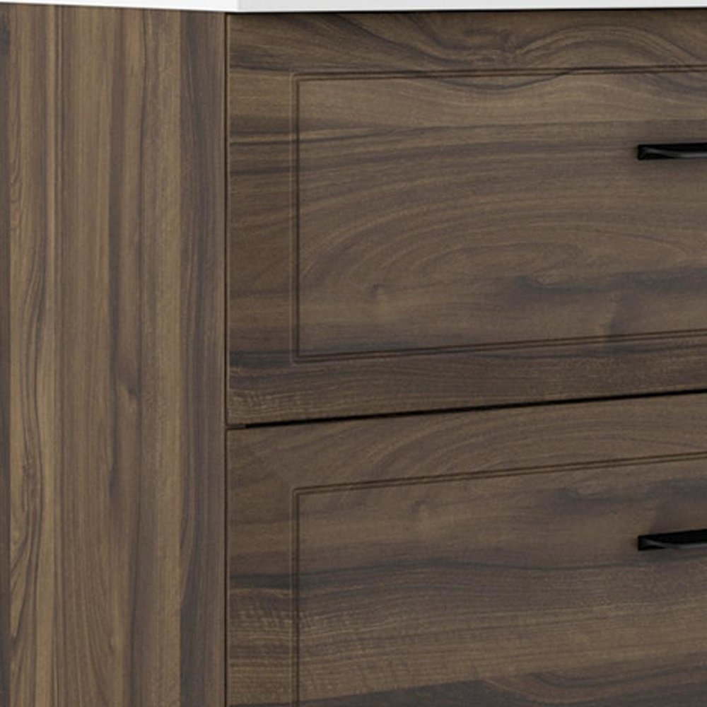 32" Dark Brown Wood Freestanding Bathroom Vanity With White Sink And Two Drawers