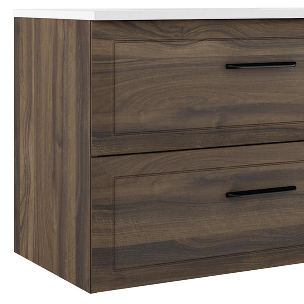 32" Dark Brown Wood Freestanding Bathroom Vanity With White Sink And Two Drawers