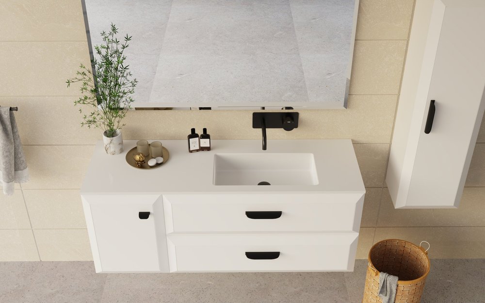 40" White Wood Freestanding Bathroom Vanity With White Sink And Two Drawers