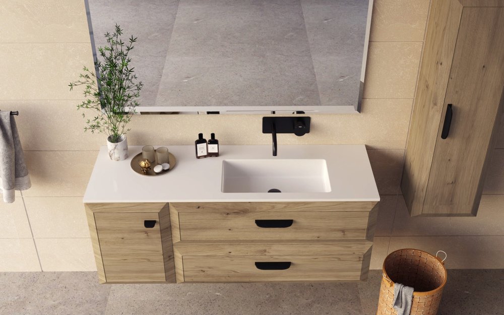40" Natural Wood Freestanding Bathroom Vanity With White Sink And Two Drawers