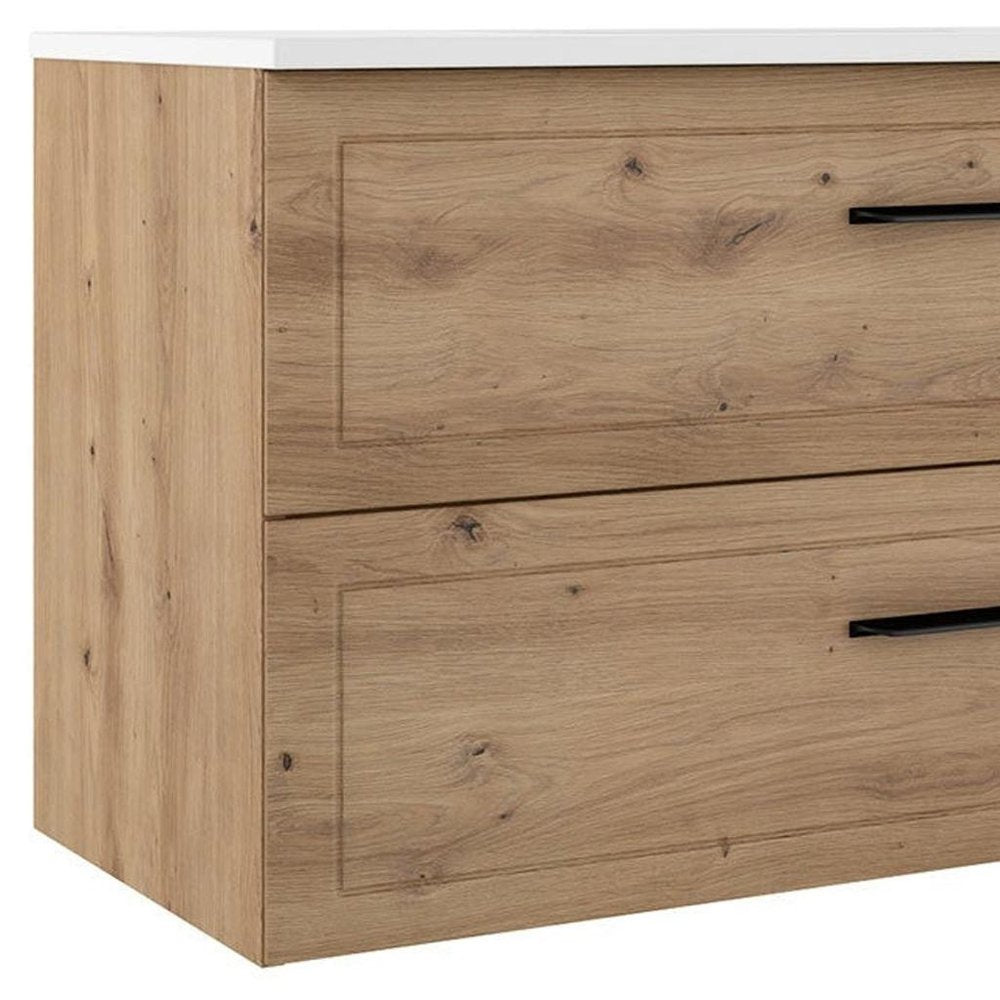 40" Natural Wood Freestanding Bathroom Vanity With White Sink And Two Drawers