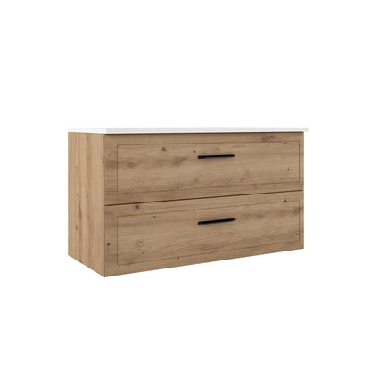 40" Natural Wood Freestanding Bathroom Vanity With White Sink And Two Drawers