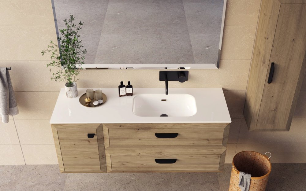 40" Natural Wood Freestanding Bathroom Vanity With White Sink And Two Drawers